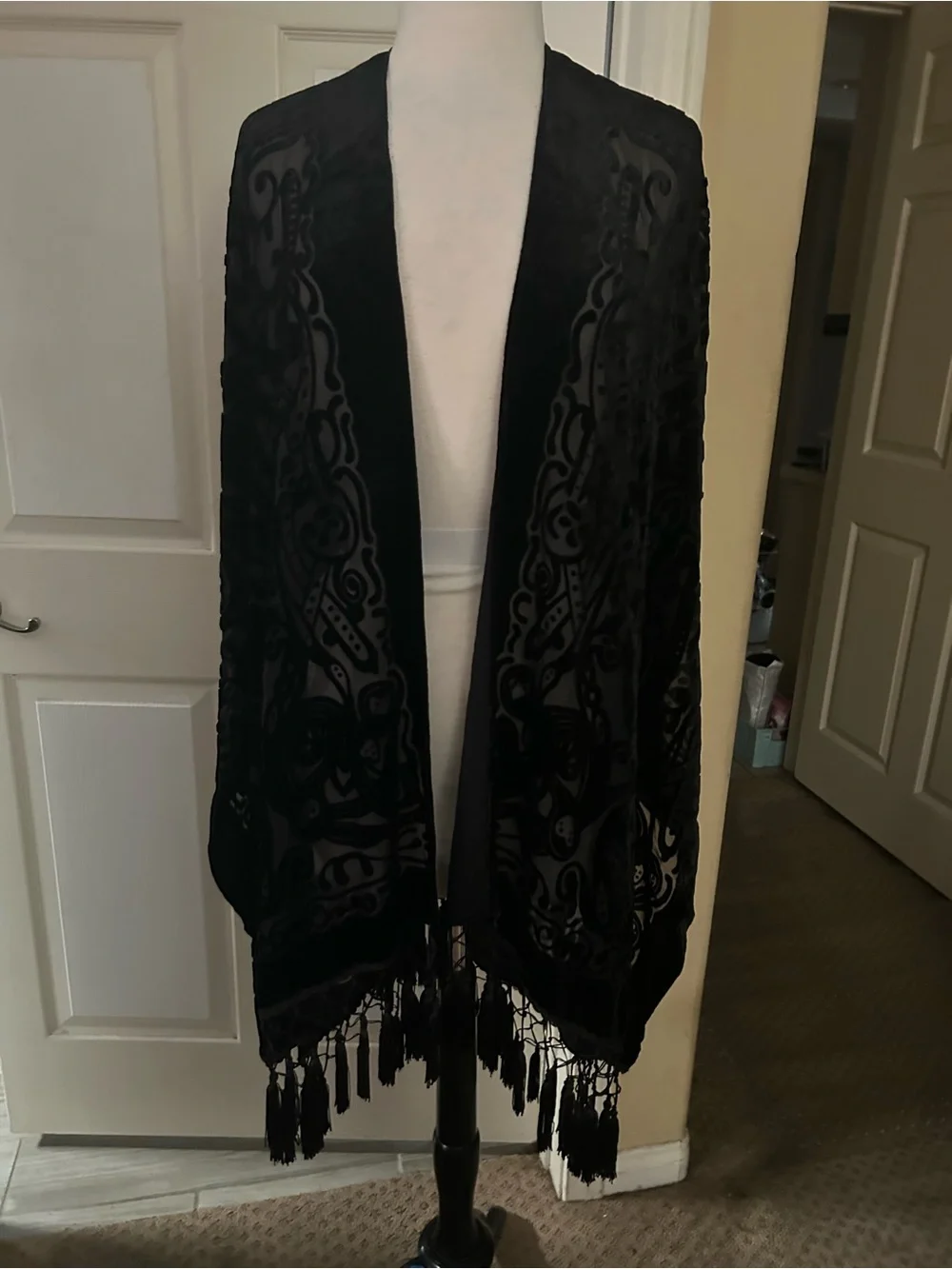 Sheer Black Velvet Burnout Kimono with Fringe
